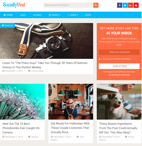 free responsive WordPress theem SociallyViral features a grid of posts